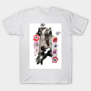 Black and White Cat with Flowers T-Shirt